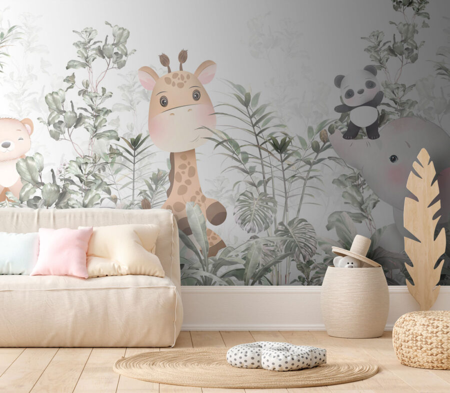 Giraffe en panda in een bos