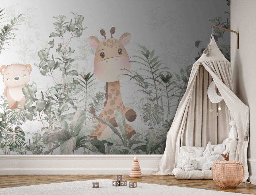 Giraffe en panda in een bos
