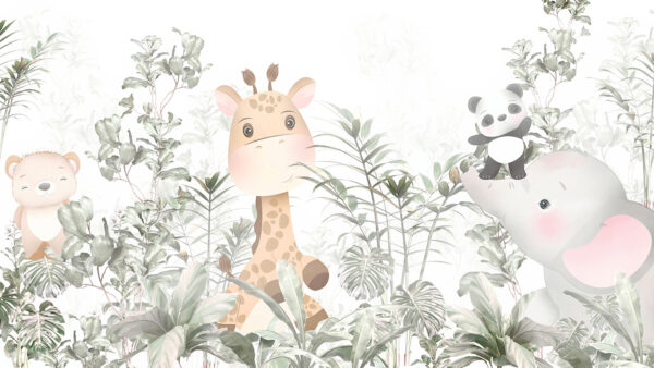 Giraffe en panda in een bos Giraffe en panda in een bos