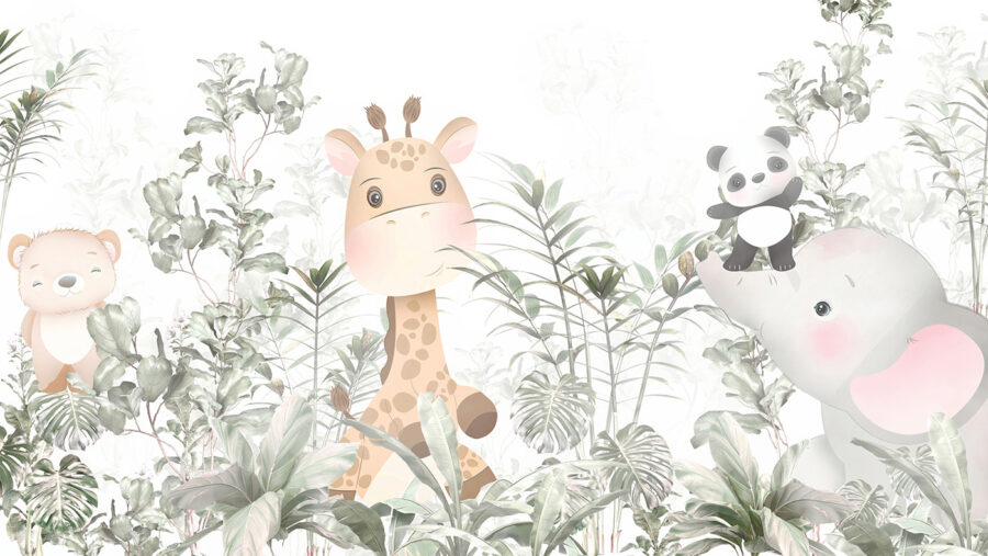 Giraffe en panda in een bos