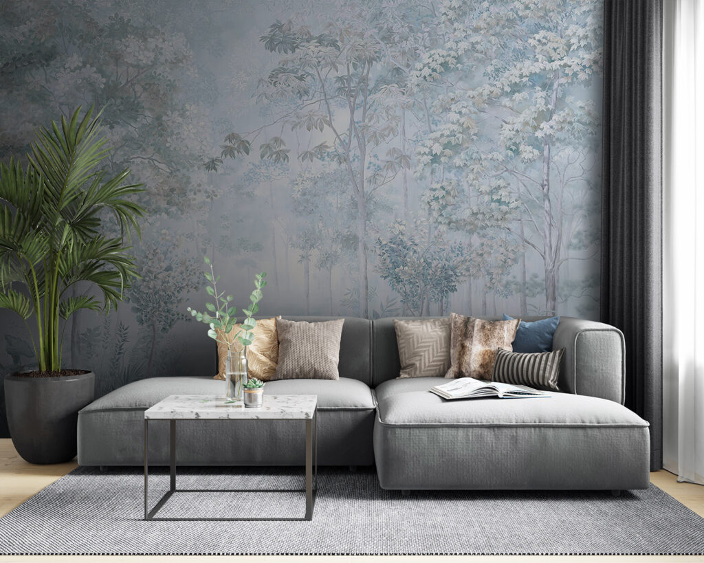 Foggy forest with trees and plants Foggy forest with trees and plants