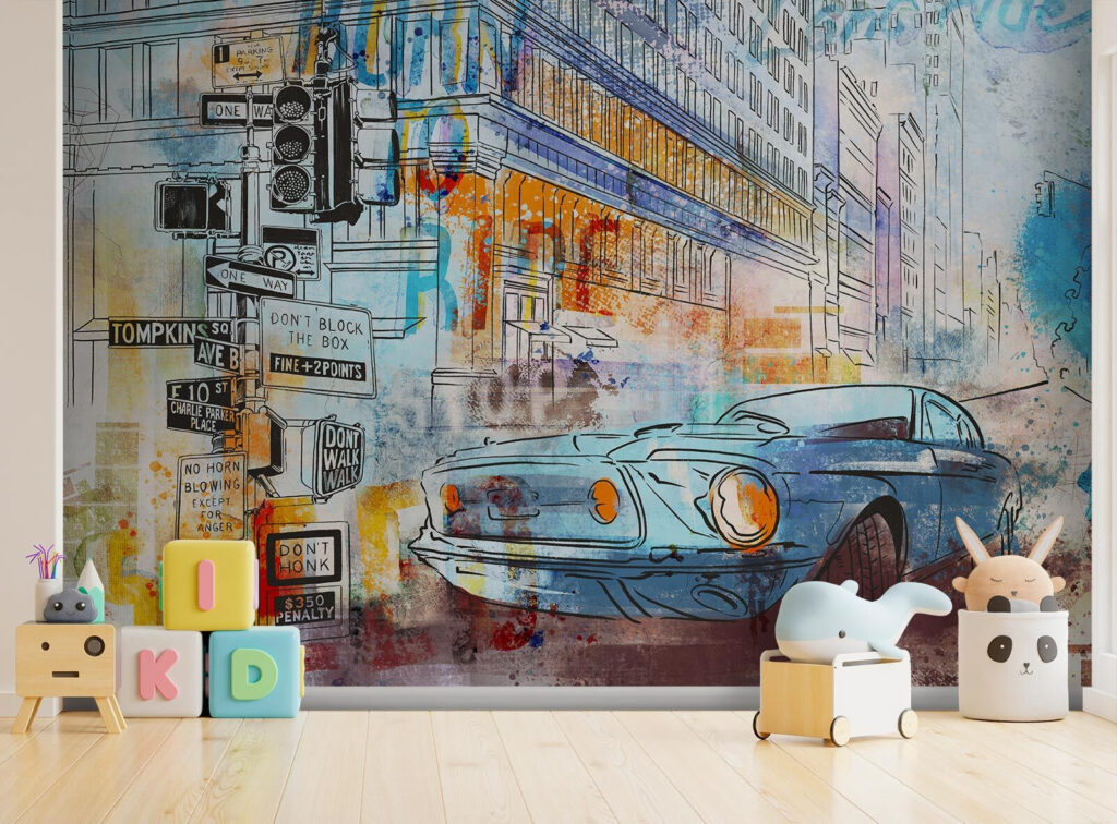 Drawing of a car on a street corner Drawing of a car on a street corner