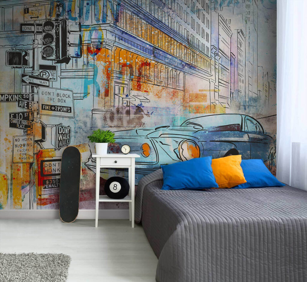 Drawing of a car on a street corner Drawing of a car on a street corner