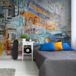 Fotobehang Tekening van een auto op een straathoek