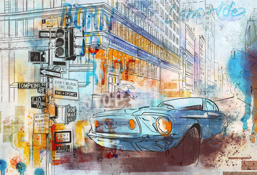 Tekening van een auto op een straathoek