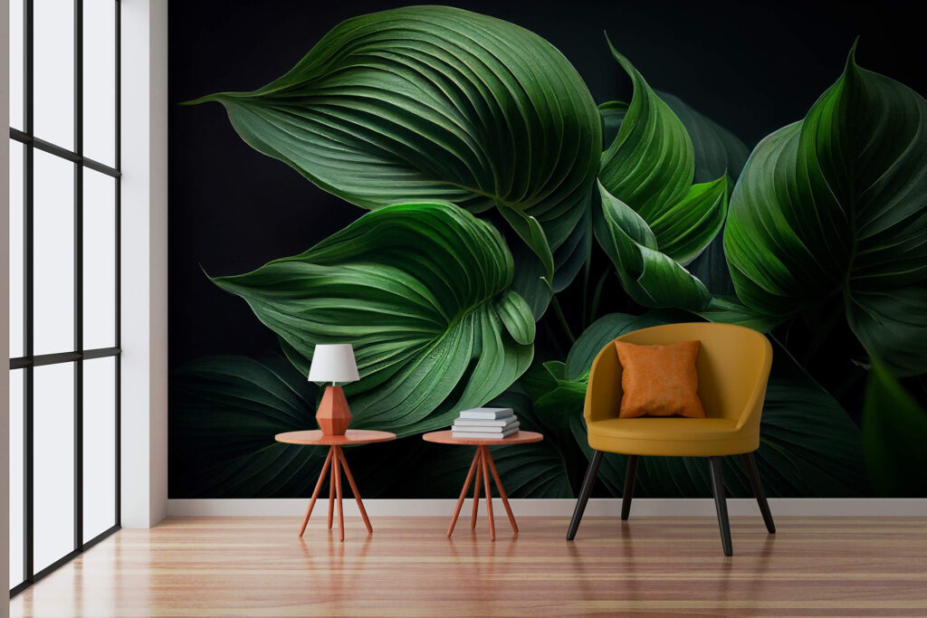 Lush green leaves in serene darkness Lush green leaves in serene darkness