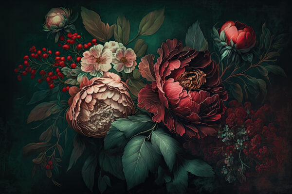 Schilderij van bloemen en bladeren Schilderij van bloemen en bladeren