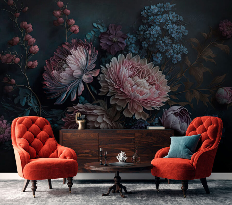 Schilderij van bloemen op een donkere achtergrond Schilderij van bloemen op een donkere achtergrond
