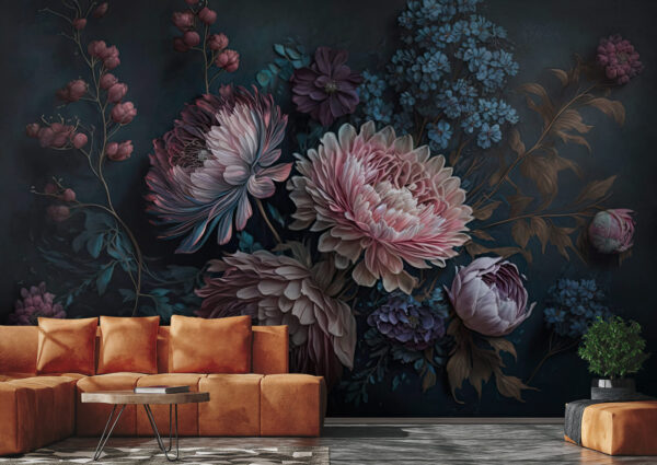 Schilderij van bloemen op een donkere achtergrond Schilderij van bloemen op een donkere achtergrond