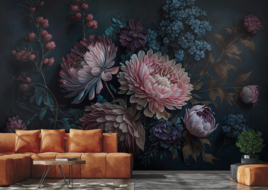 Schilderij van bloemen op een donkere achtergrond Schilderij van bloemen op een donkere achtergrond