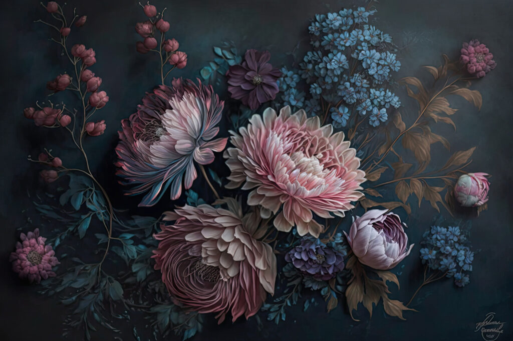 Schilderij van bloemen op een donkere achtergrond Schilderij van bloemen op een donkere achtergrond