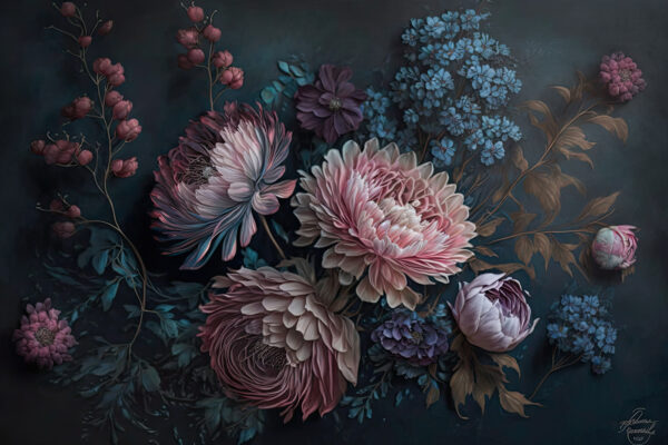 Schilderij van bloemen op een donkere achtergrond Schilderij van bloemen op een donkere achtergrond