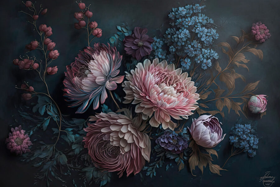 Schilderij van bloemen op een donkere achtergrond Schilderij van bloemen op een donkere achtergrond
