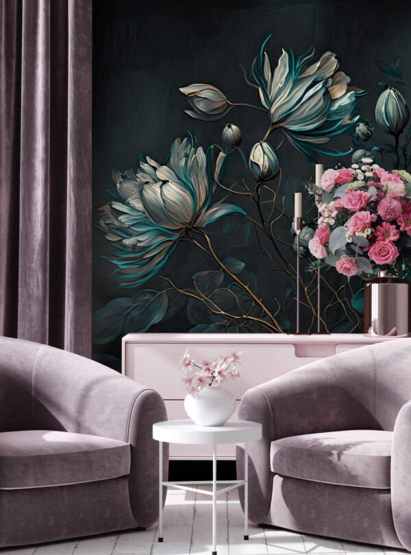 Schilderij van bloemen op zwarte achtergrond Schilderij van bloemen op zwarte achtergrond