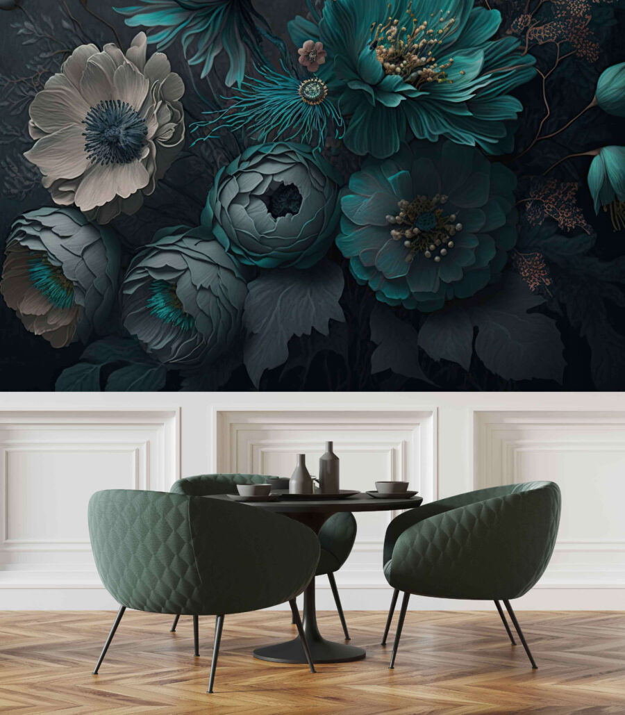 Elegant bloemstuk in koele tinten.