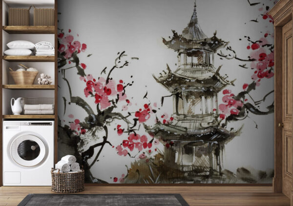 Schilderij van een pagode en kersenbloesems Schilderij van een pagode en kersenbloesems