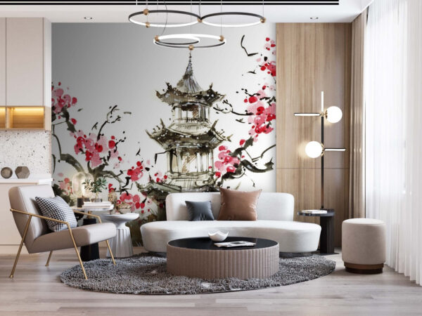 Schilderij van een pagode en kersenbloesems Schilderij van een pagode en kersenbloesems
