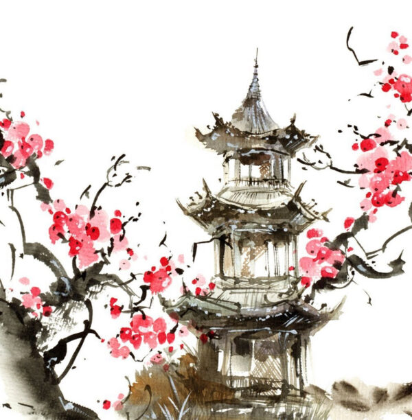 Schilderij van een pagode en kersenbloesems Schilderij van een pagode en kersenbloesems