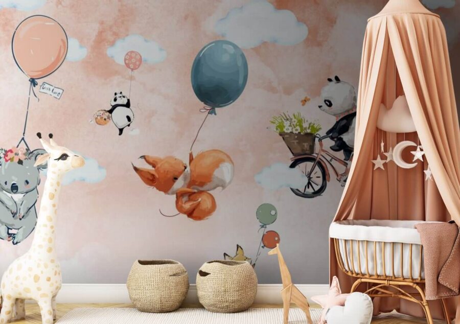 Cartoon dieren vliegen met ballonnen