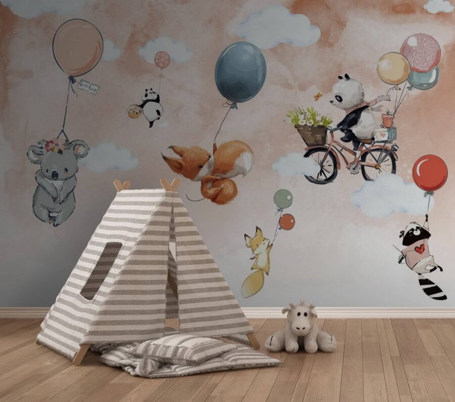Cartoon dieren vliegen met ballonnen
