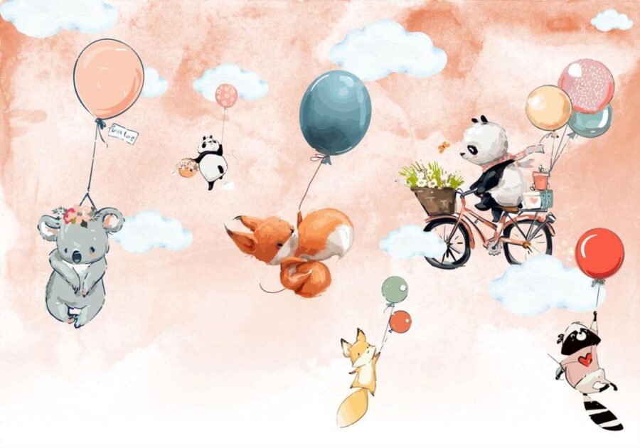 Cartoon dieren vliegen met ballonnen