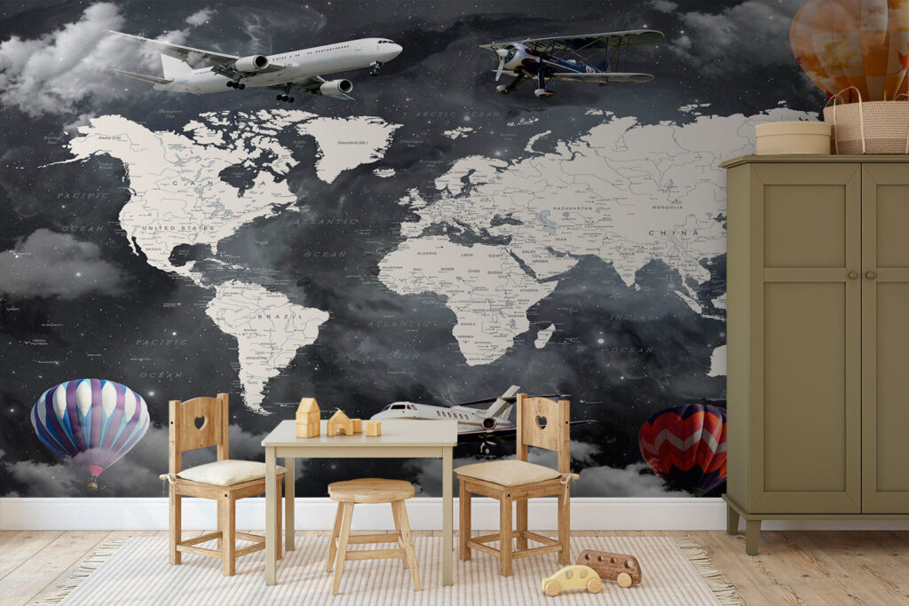 Map of the world with airplanes and hot air balloons Map of the world with airplanes and hot air balloons