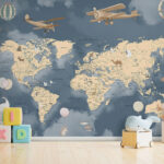 Fotobehang Wereldkaart met vliegtuigen en ballonnen