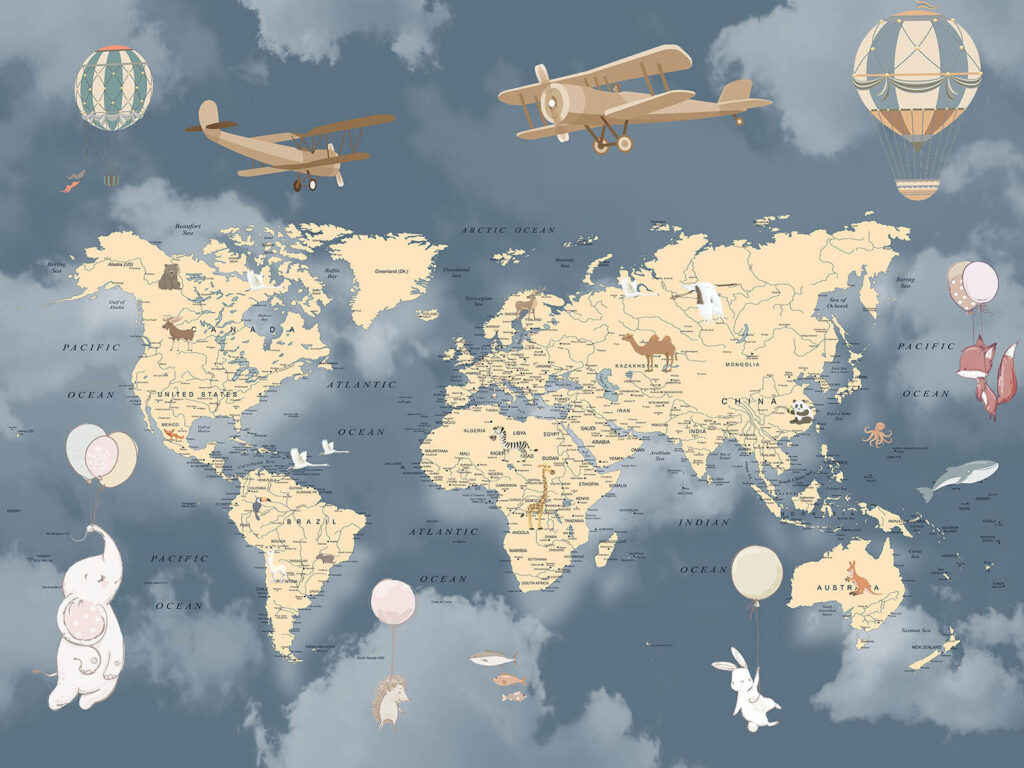 Wereldkaart met vliegtuigen en ballonnen Wereldkaart met vliegtuigen en ballonnen