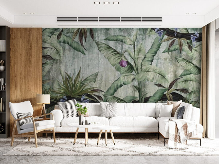 Behang met een bananenboom en bloemen Behang met een bananenboom en bloemen