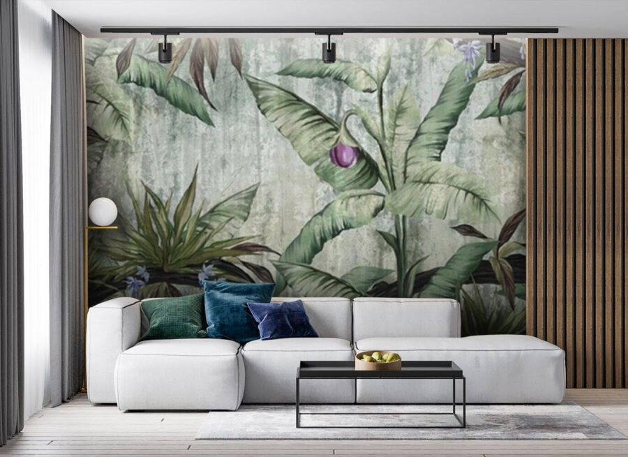 Behang met een bananenboom en bloemen Behang met een bananenboom en bloemen