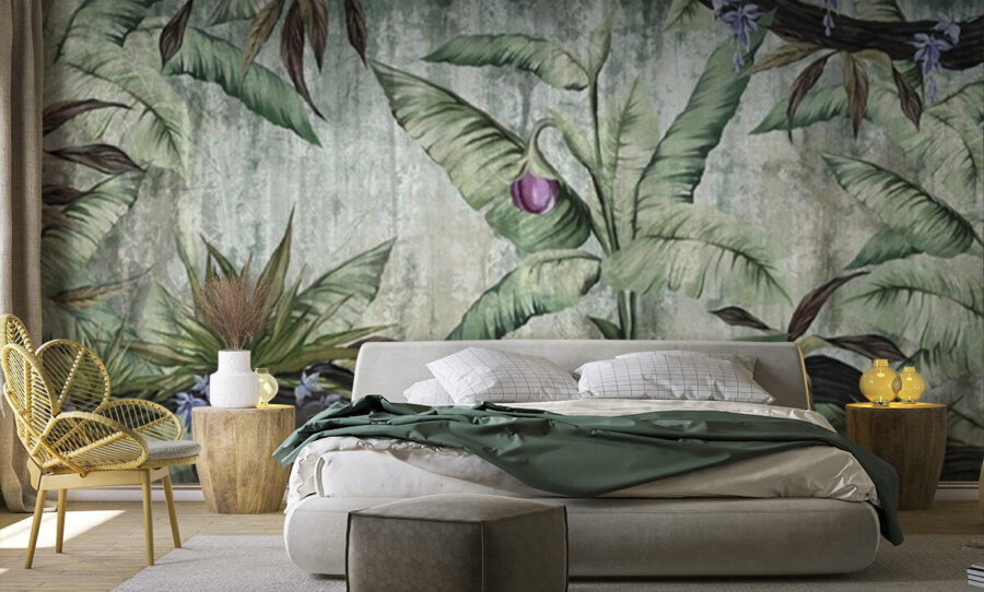 Behang met een bananenboom en bloemen Behang met een bananenboom en bloemen