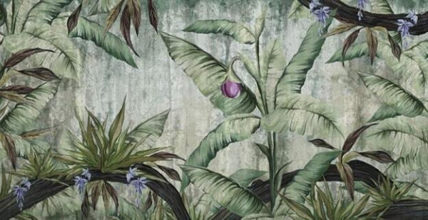 Behang met een bananenboom en bloemen Behang met een bananenboom en bloemen