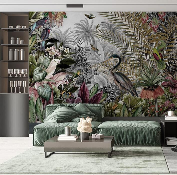 Muurschildering van vogels en bloemen