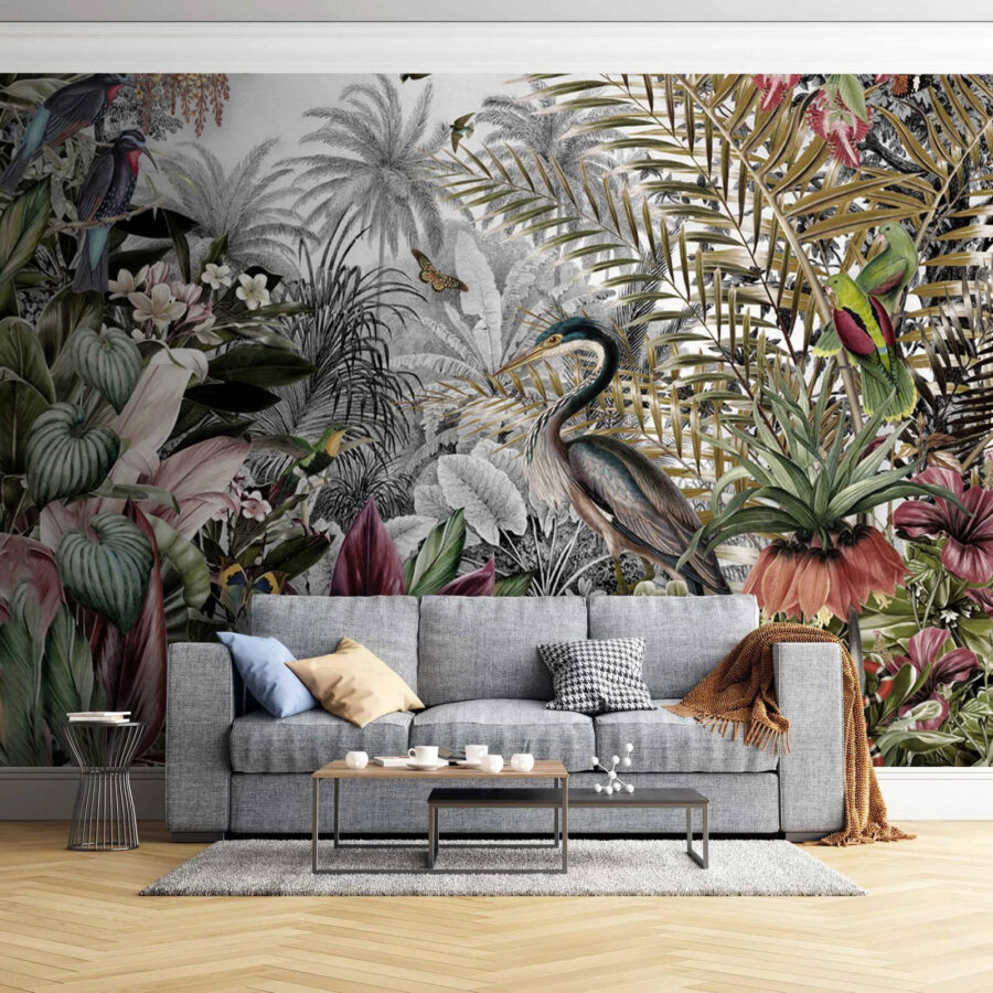 Muurschildering van vogels en bloemen