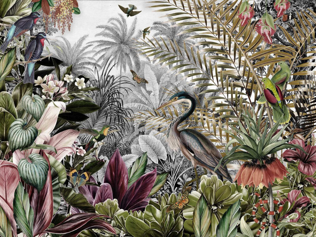 Muurschildering van vogels en bloemen Muurschildering van vogels en bloemen