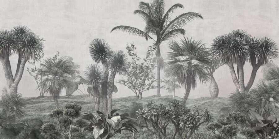 Landschap met palmbomen en struiken