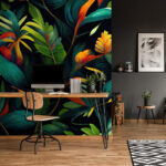 Fotobehang Kleurrijke bladeren op een zwarte achtergrond