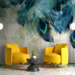 Fotobehang Blauwe en groene veren