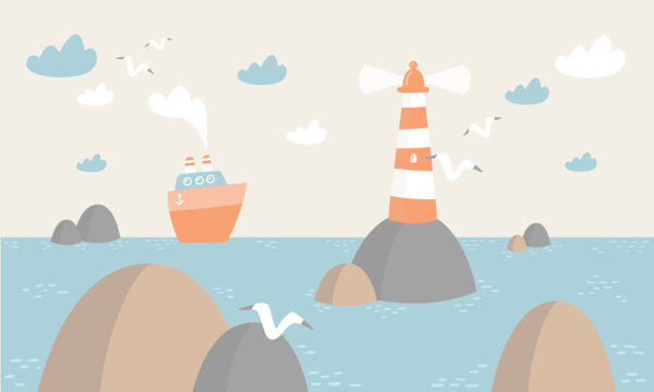 Spotprent van een vuurtoren en een boot Spotprent van een vuurtoren en een boot