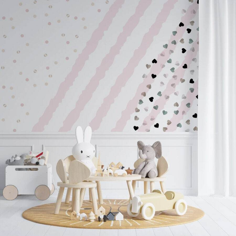 Roze en wit gestreepte achtergrond met kleine hartjes