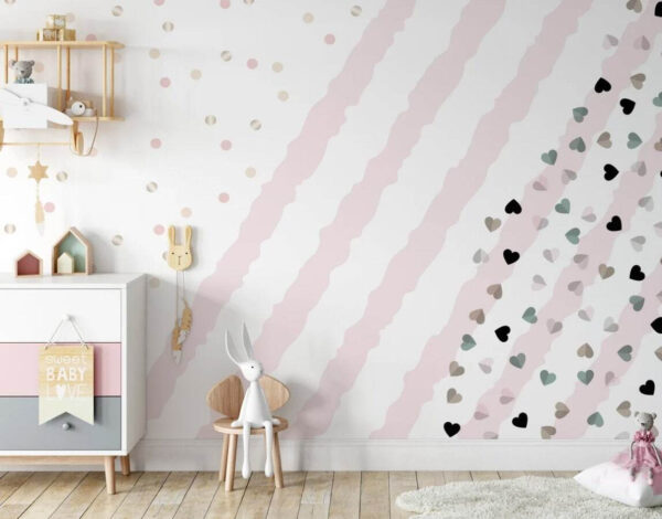Roze en wit gestreepte achtergrond met kleine hartjes Roze en wit gestreepte achtergrond met kleine hartjes