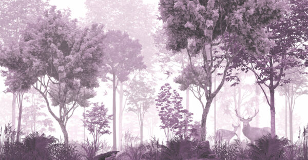 Een paarse en witte afbeelding van bomen en planten Een paarse en witte afbeelding van bomen en planten