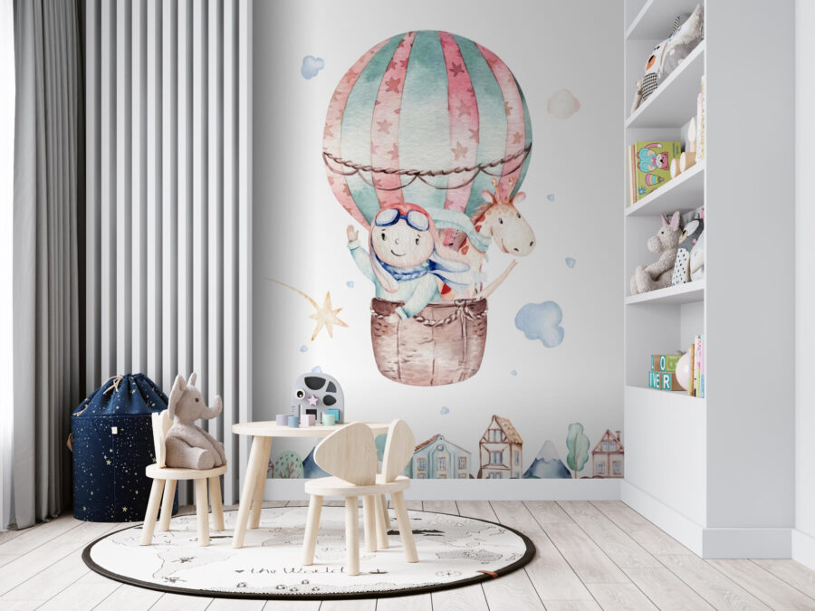 Aquarel illustratie van een persoon in een heteluchtballon