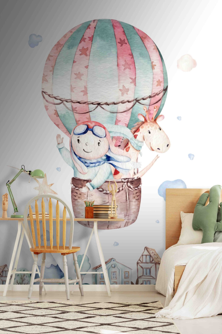 Aquarel illustratie van een persoon in een heteluchtballon