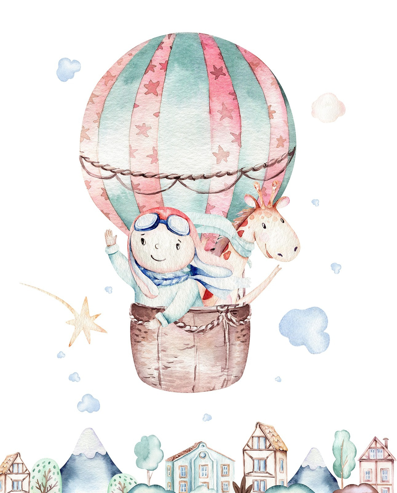 Aquarel illustratie van een persoon in een heteluchtballon u72079p - Aquarel illustratie van een persoon in een heteluchtballon - tegory
