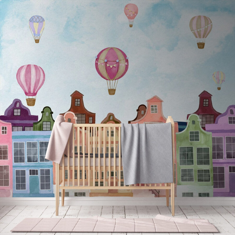 Groep gebouwen met heteluchtballonnen Groep gebouwen met heteluchtballonnen