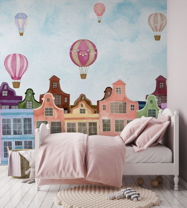 Groep gebouwen met heteluchtballonnen Groep gebouwen met heteluchtballonnen