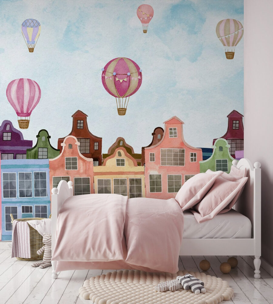 Groep gebouwen met heteluchtballonnen Groep gebouwen met heteluchtballonnen