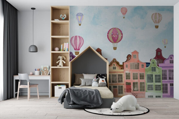 Groep gebouwen met heteluchtballonnen Groep gebouwen met heteluchtballonnen