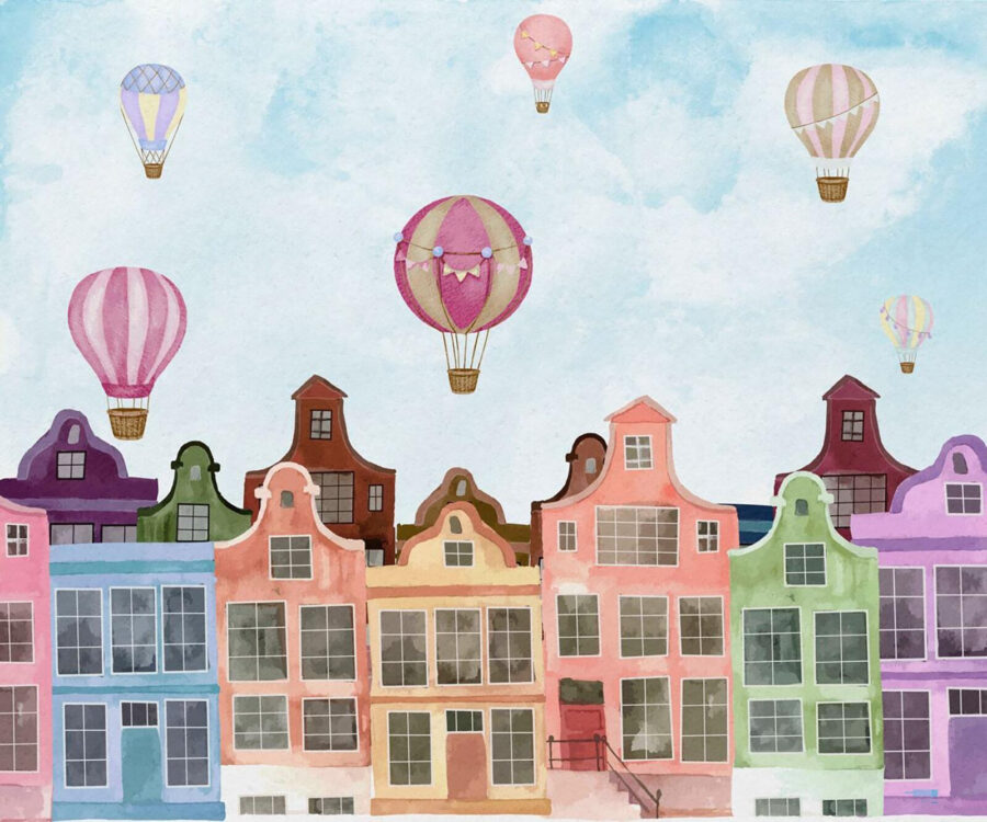 Groep gebouwen met heteluchtballonnen Groep gebouwen met heteluchtballonnen